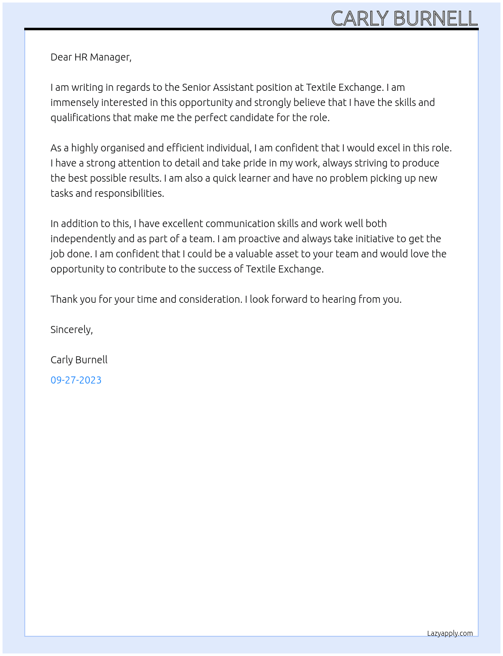Senior Assistant At Textile Exchange Cover Letter