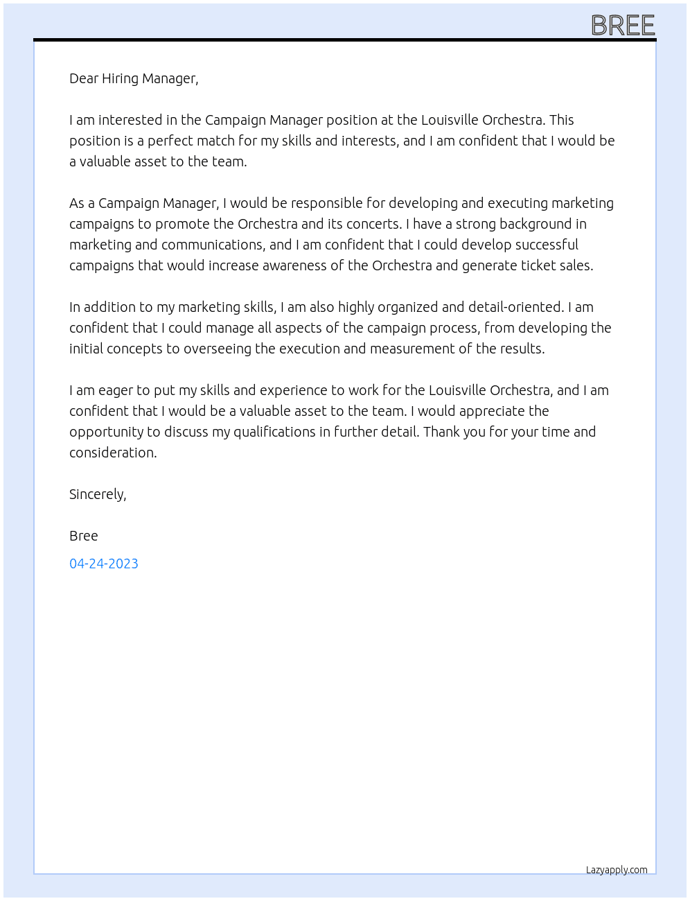 Campaign Manager At Louisville Orchestra Cover Letter