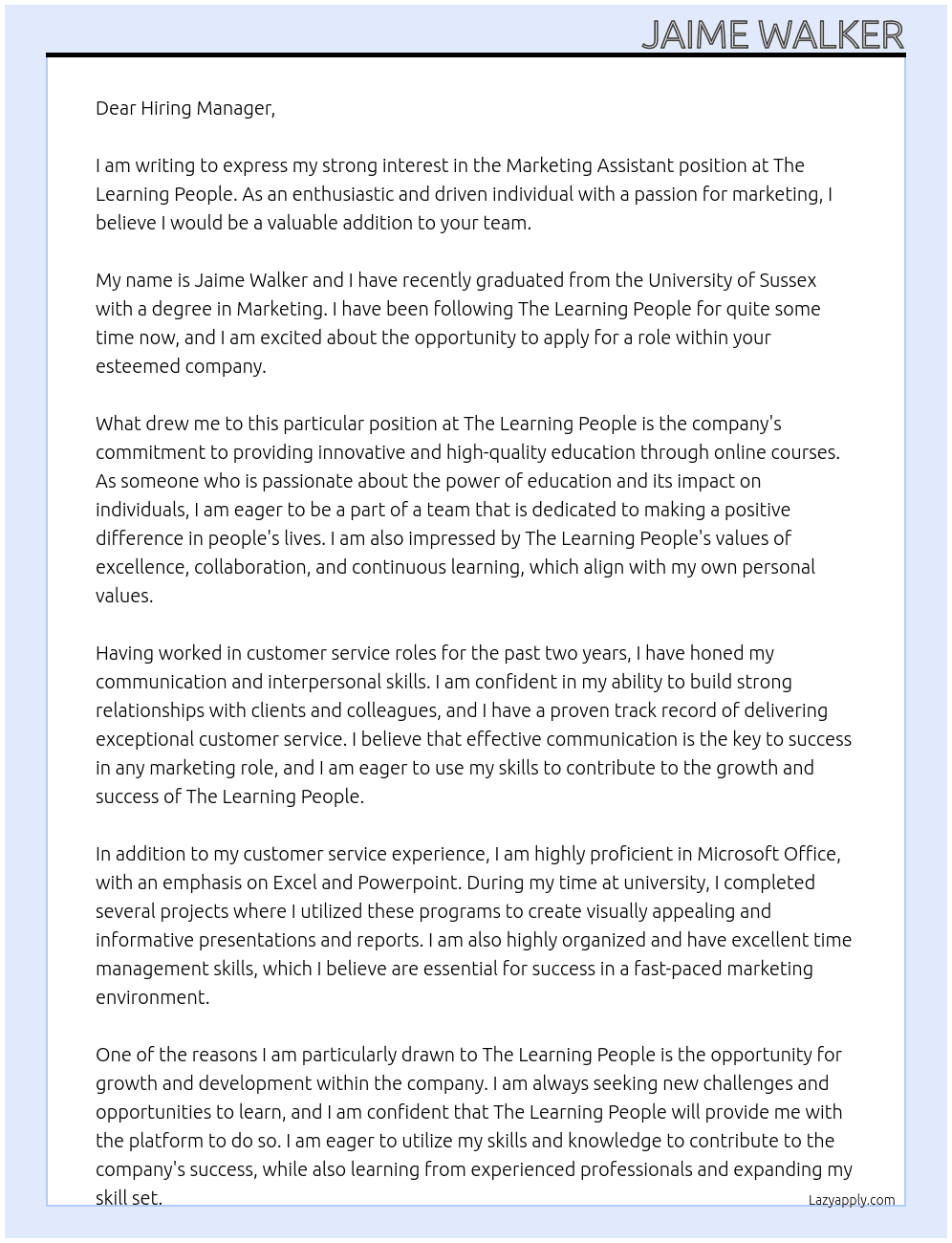 Marketing Assistant At The Learning People Cover Letter