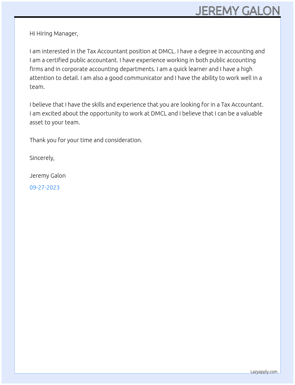Tax Accountant At DMCL Cover Letter