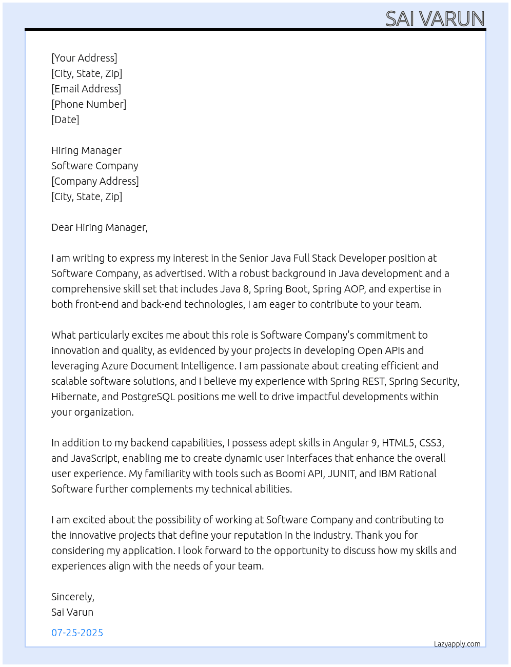 Senior java full stack developer  At software company  Cover Letter