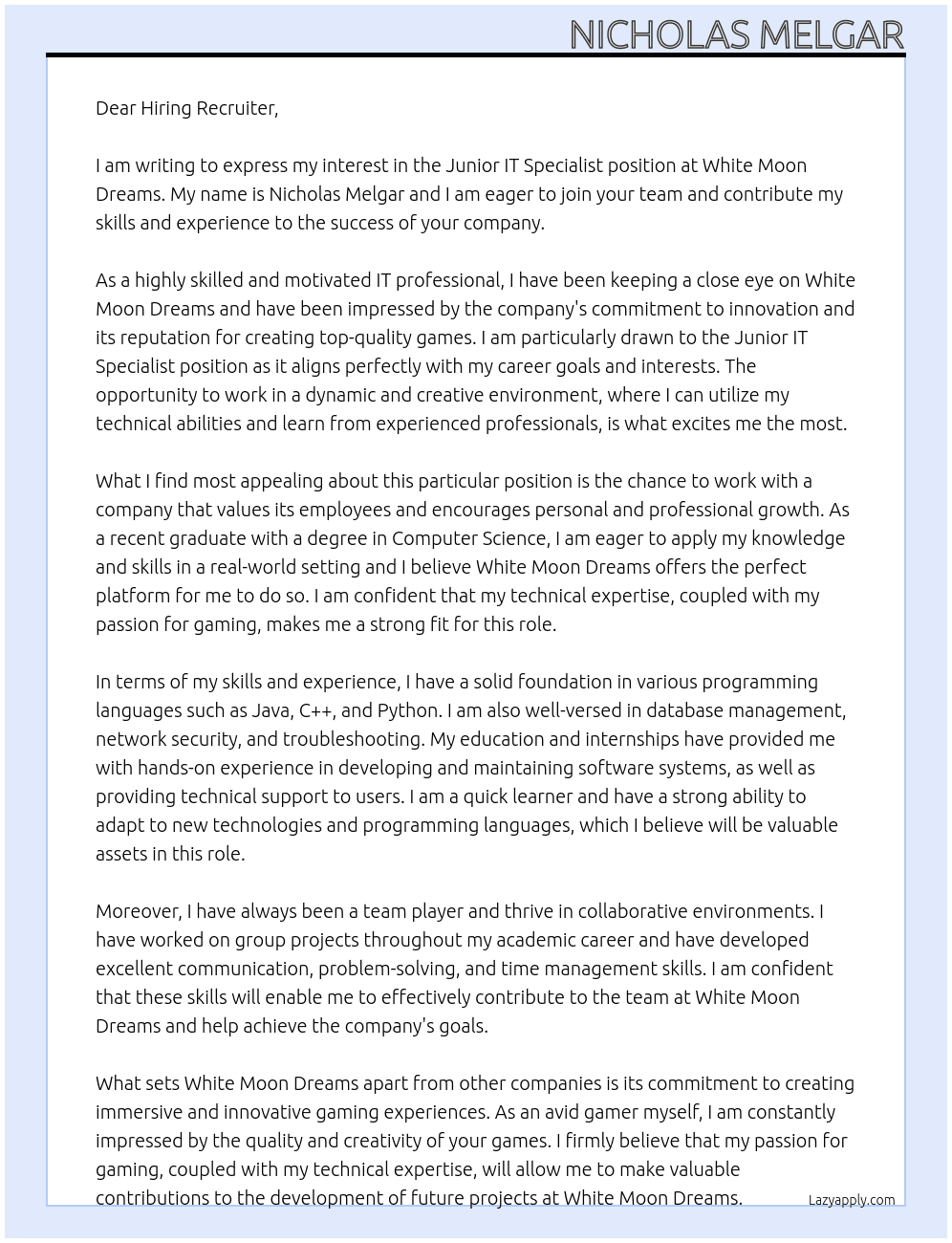 Junior IT Specialist At White Moon Dreams Cover Letter