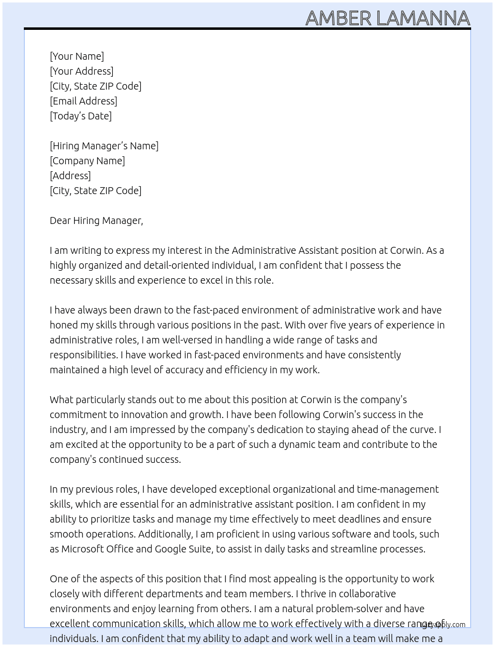 Administrative Assistant  At Corwin Cover Letter
