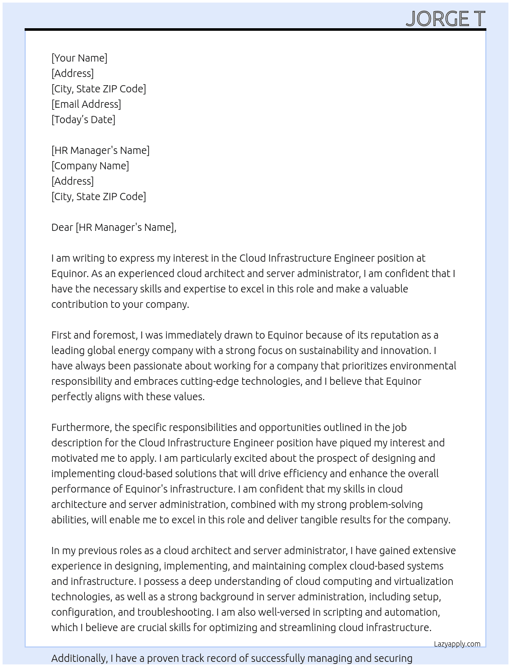 Cloud infrastructure engineer At Equinor Cover Letter