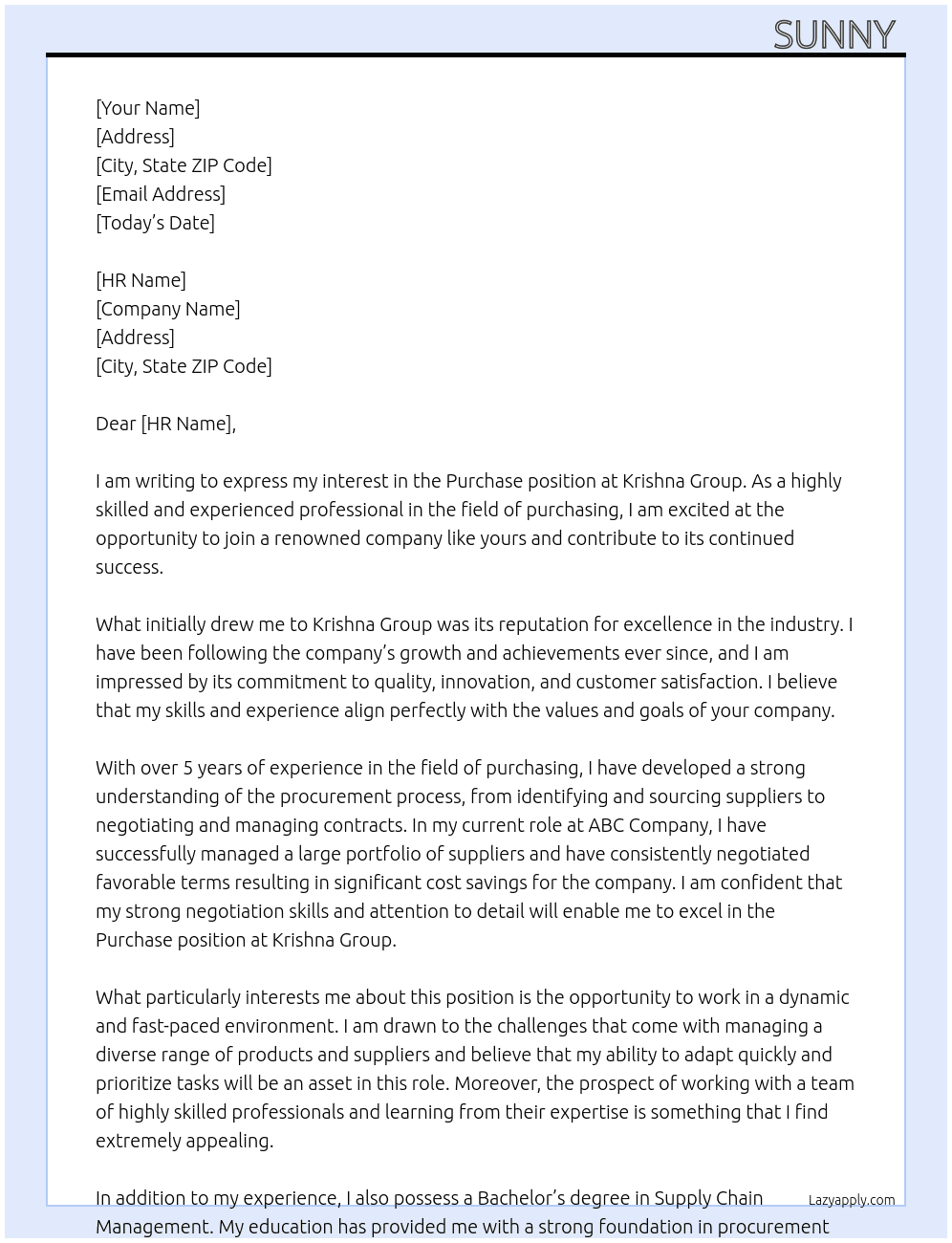 Purchase ` At Krishna Group  Cover Letter