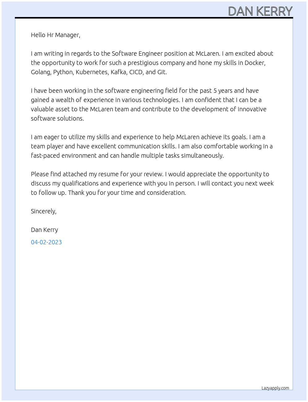 Software Engineer At McLaren Cover Letter