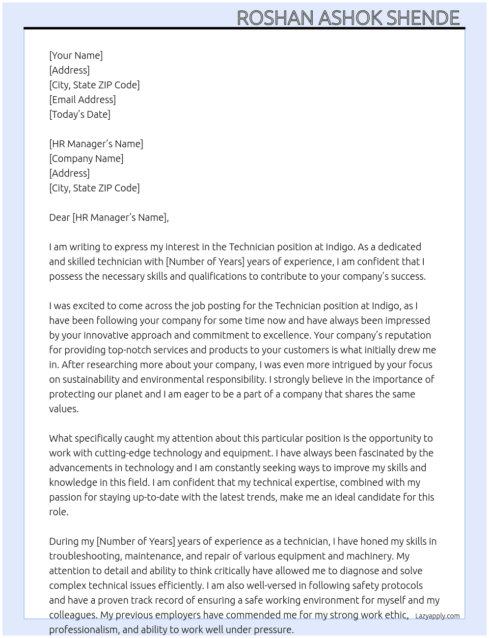 Cover letter for technican - LazyApply