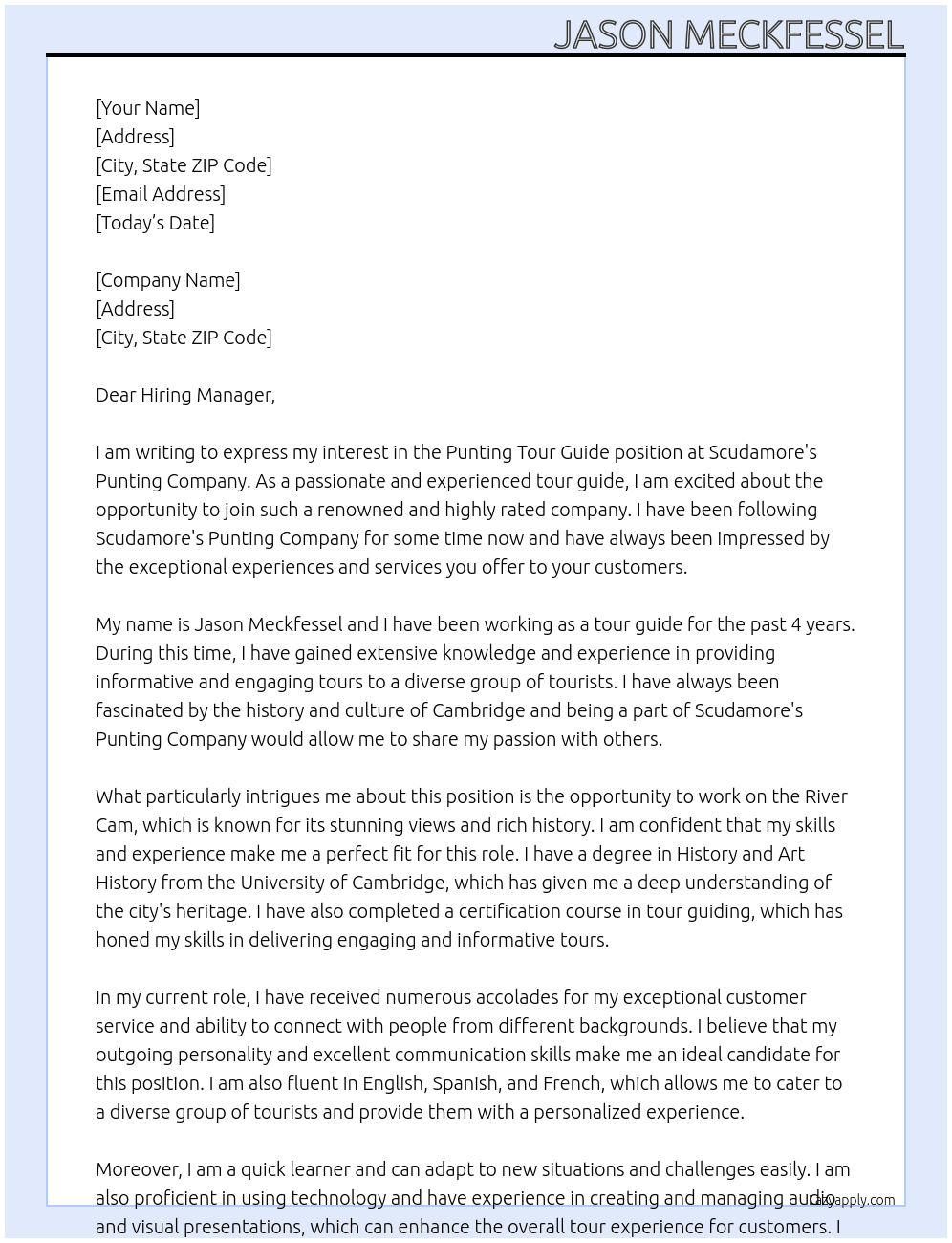 Punting tour guide At Scudamore's Punting Company Cover Letter