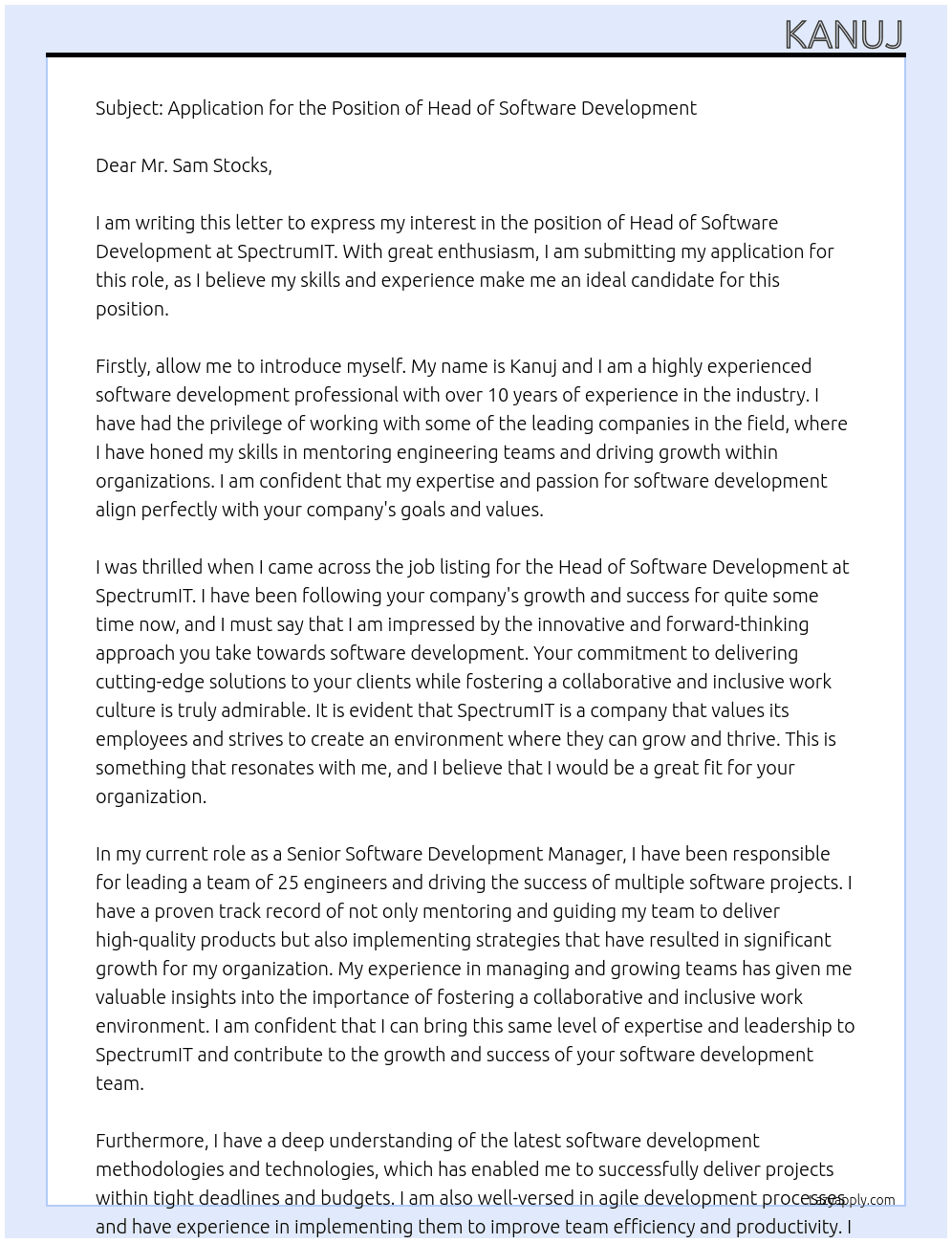 Head of Software Development At SpectrumIT Cover Letter