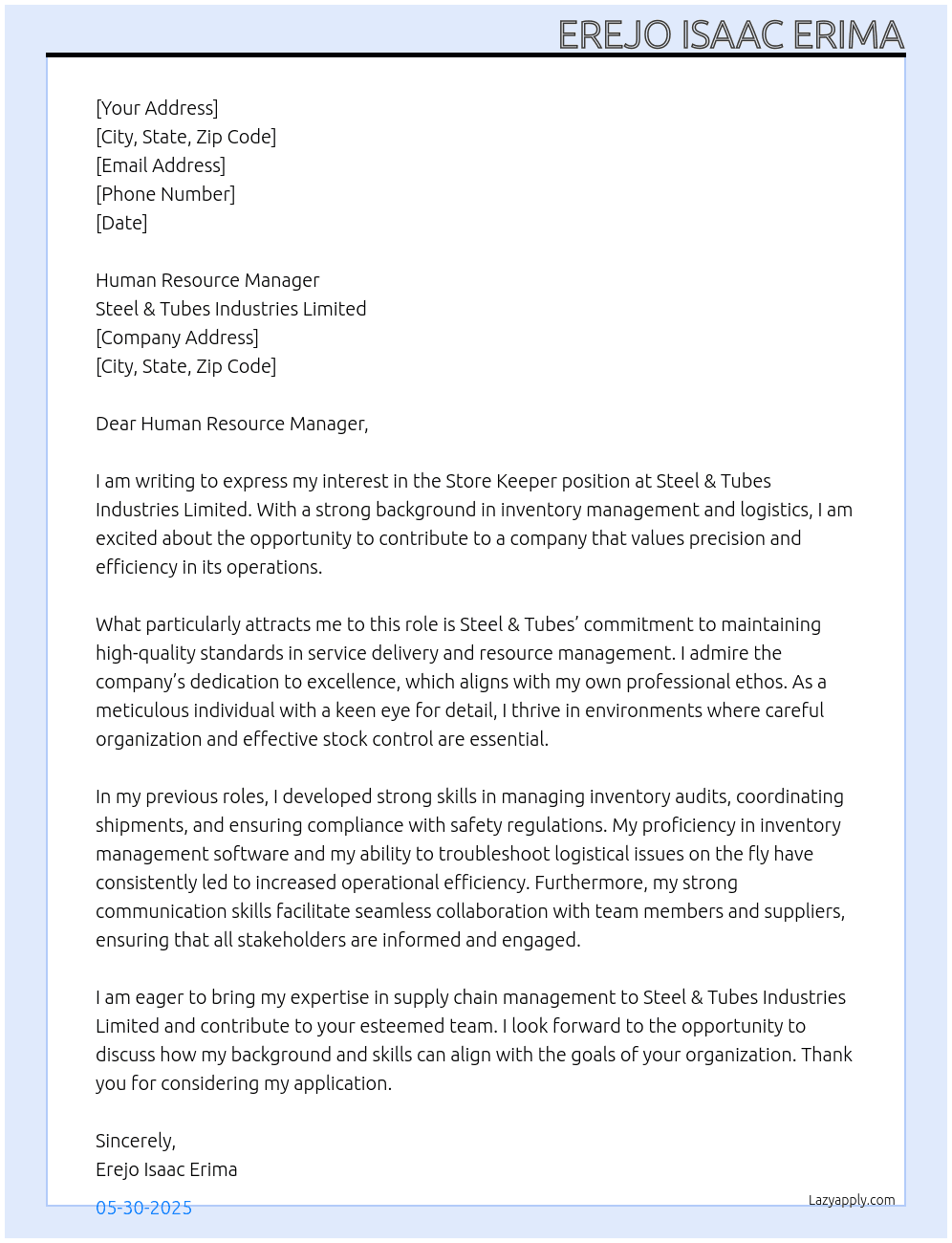 Store Keeper  At Steel& Tubes Industries Limited  Cover Letter