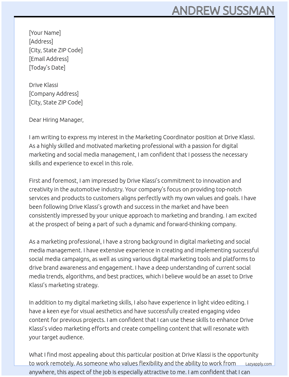 Marketing Coordinator At Drive Klassi Cover Letter