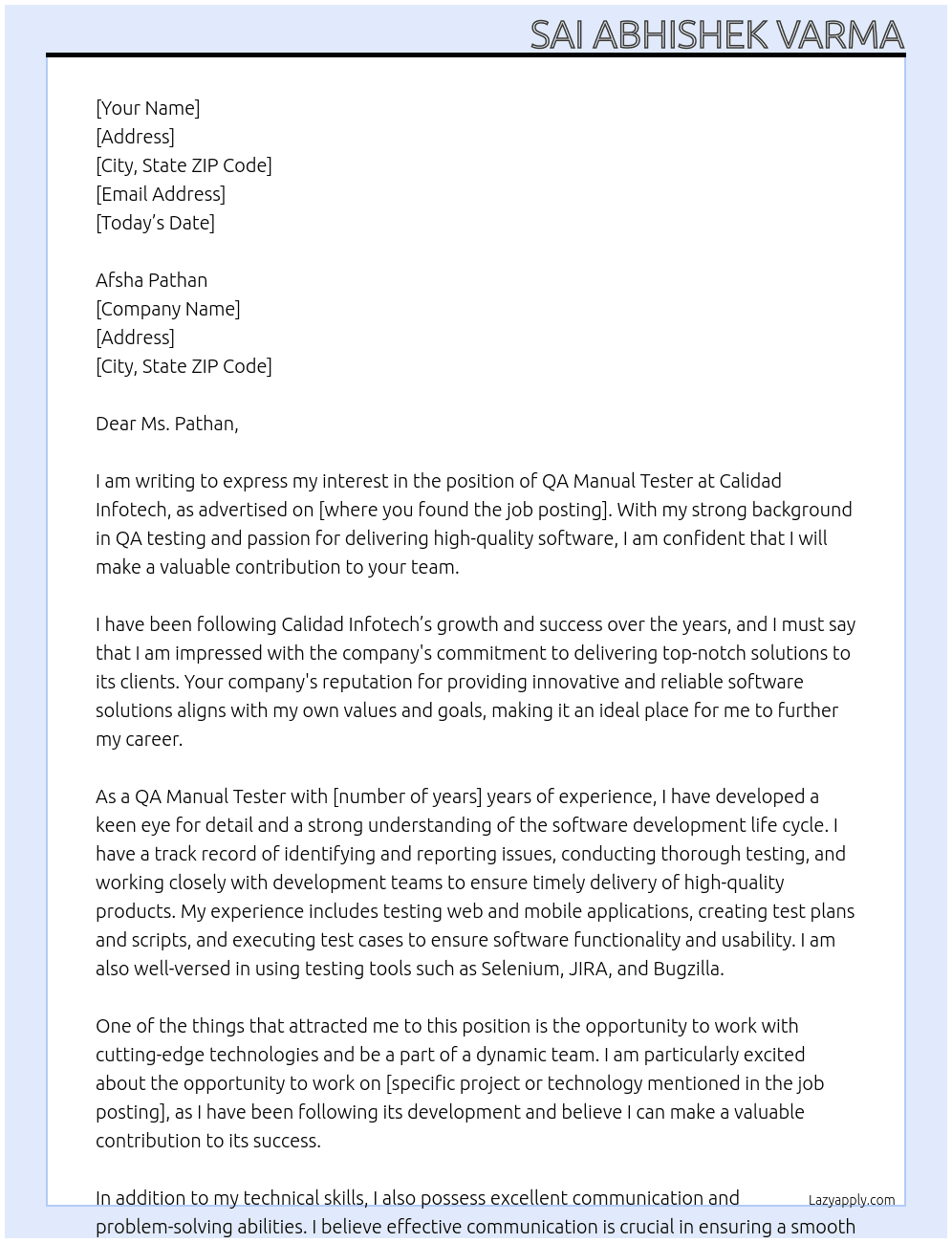 QA Manual Tester At Calidad Infotech Cover Letter