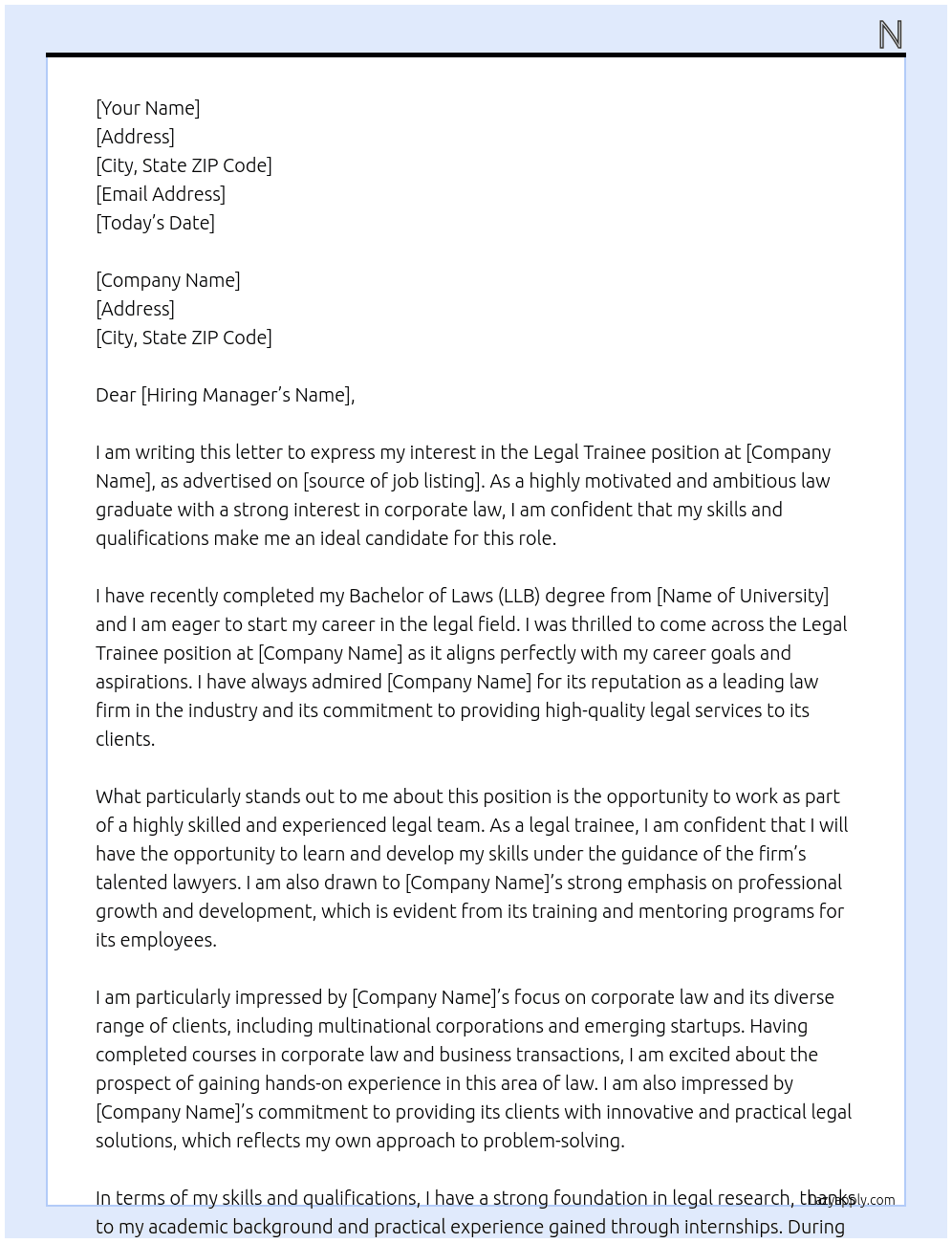 Legal trainee At X Cover Letter