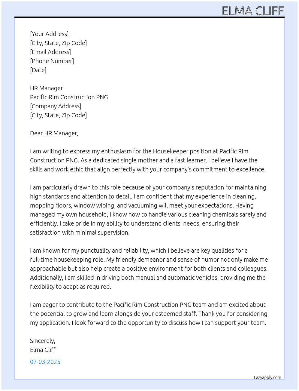 HouseKeeper At Pacific Rim Construction PNG  Cover Letter