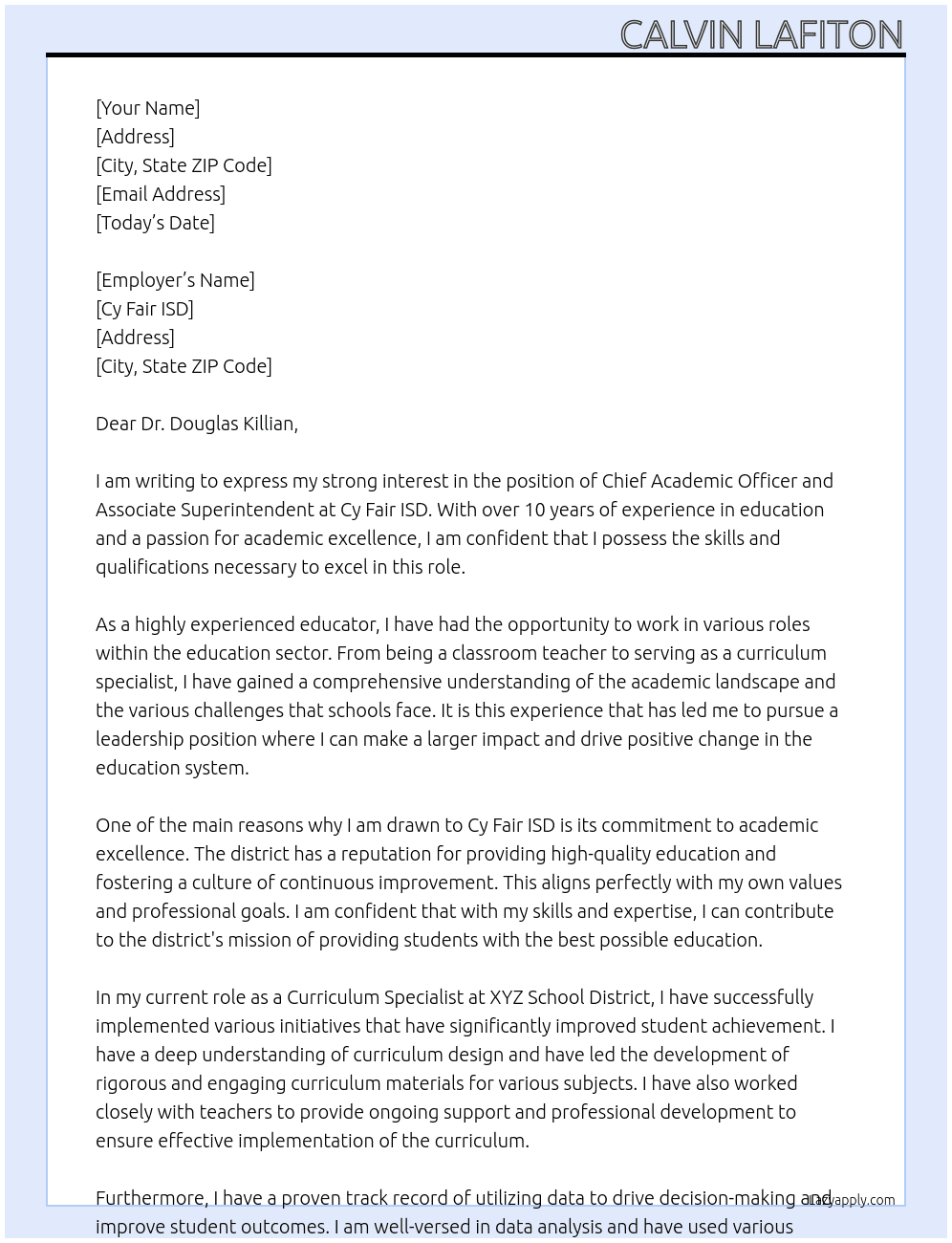 Chief Academic Officer, Associate Superintendent At Cy Fair ISD Cover Letter