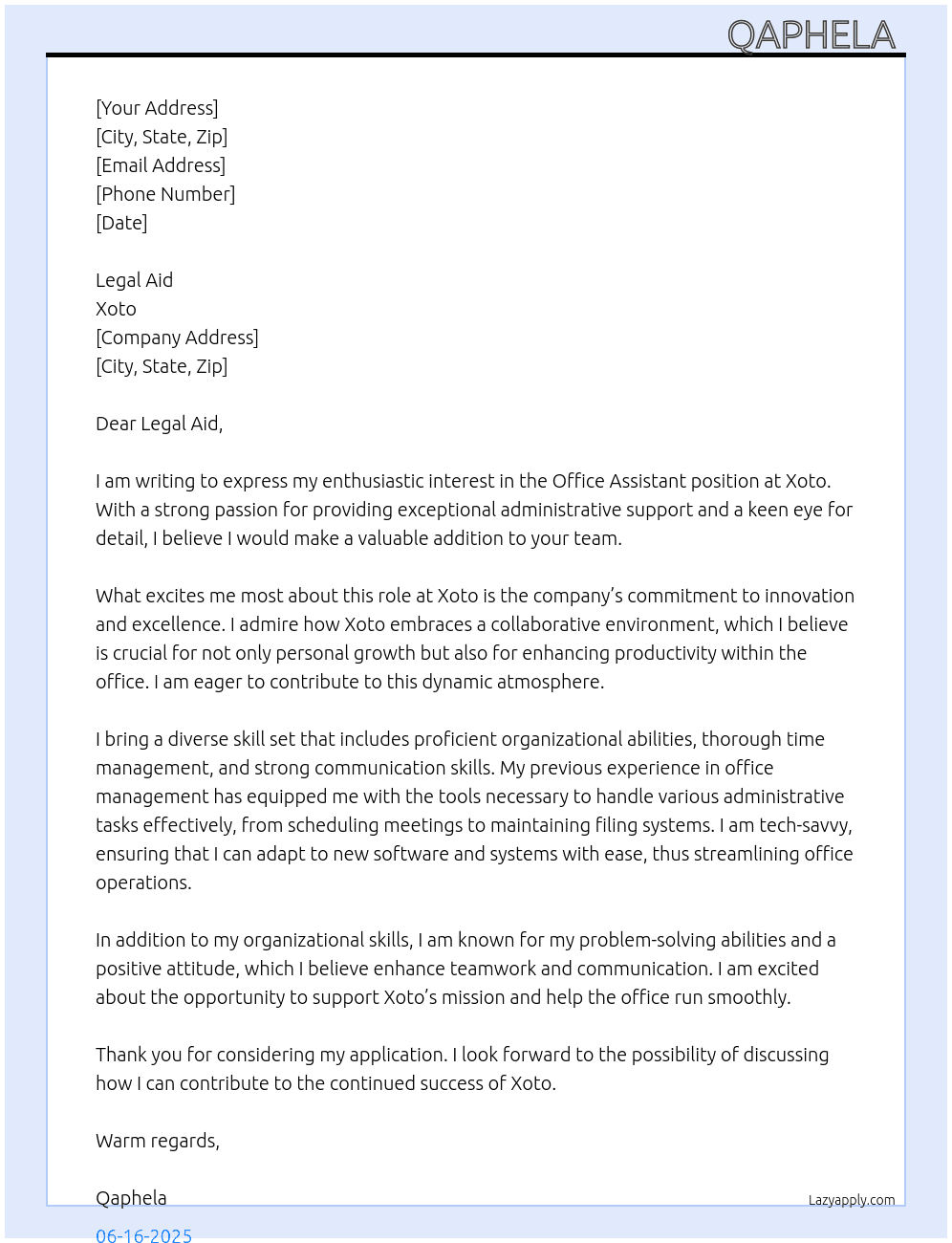 Office Assistant  At Xoto Cover Letter