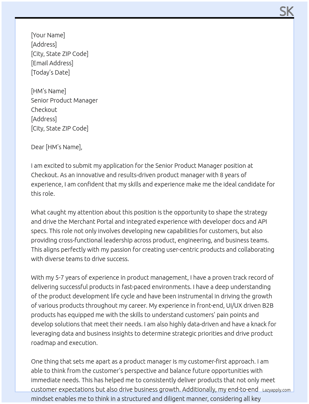 Senior product Manager At Checkout Cover Letter