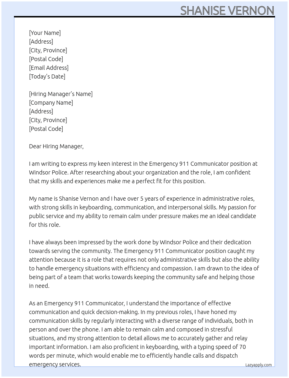 Emergency 911 Communicator At Windsor Police Cover Letter
