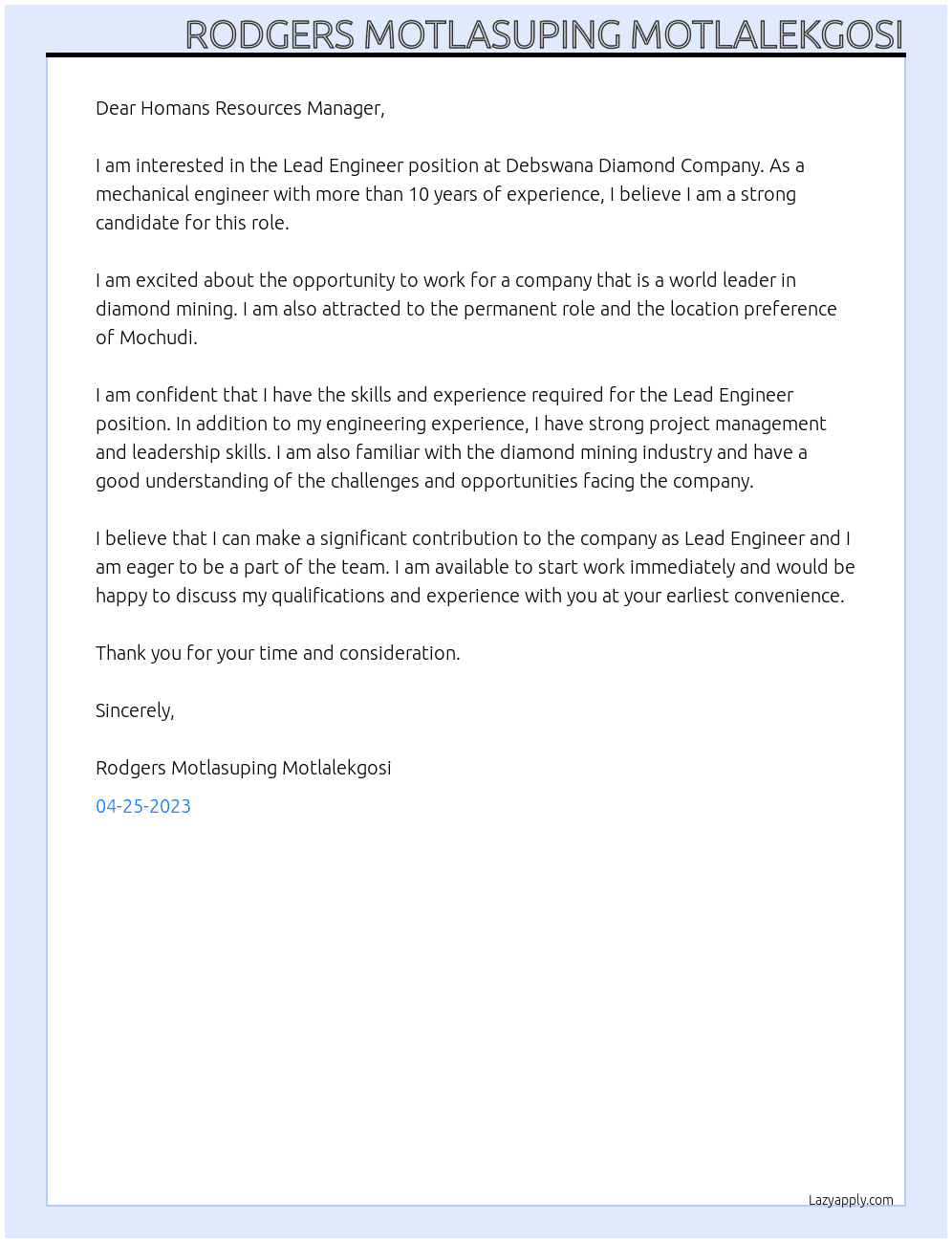 Lead Engineer At Debswana Diamond Company Cover Letter