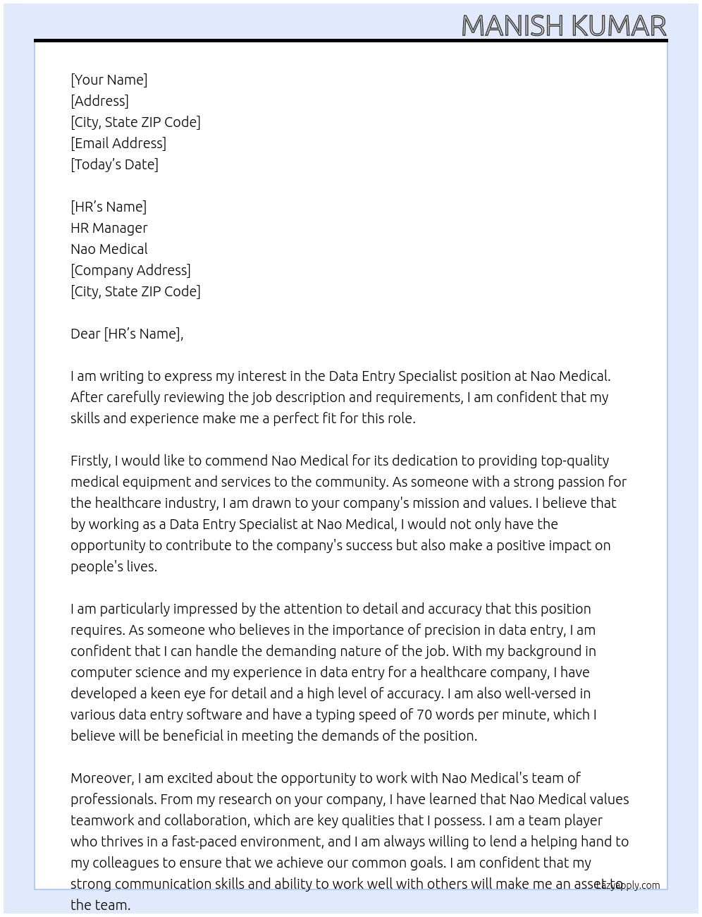 Data Entry Specialist At Nao Medical Cover Letter
