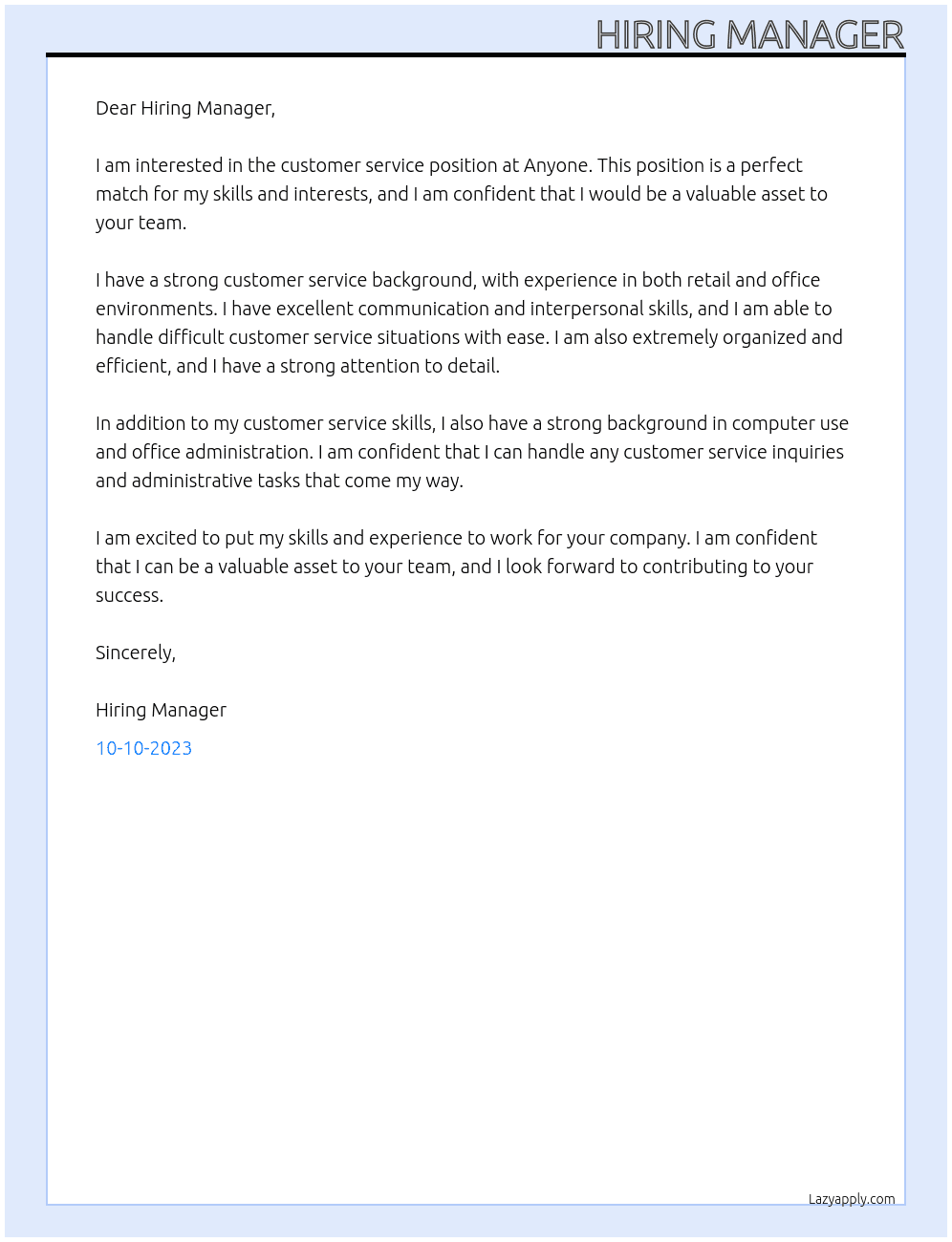 Customer Service At Anyone Cover Letter