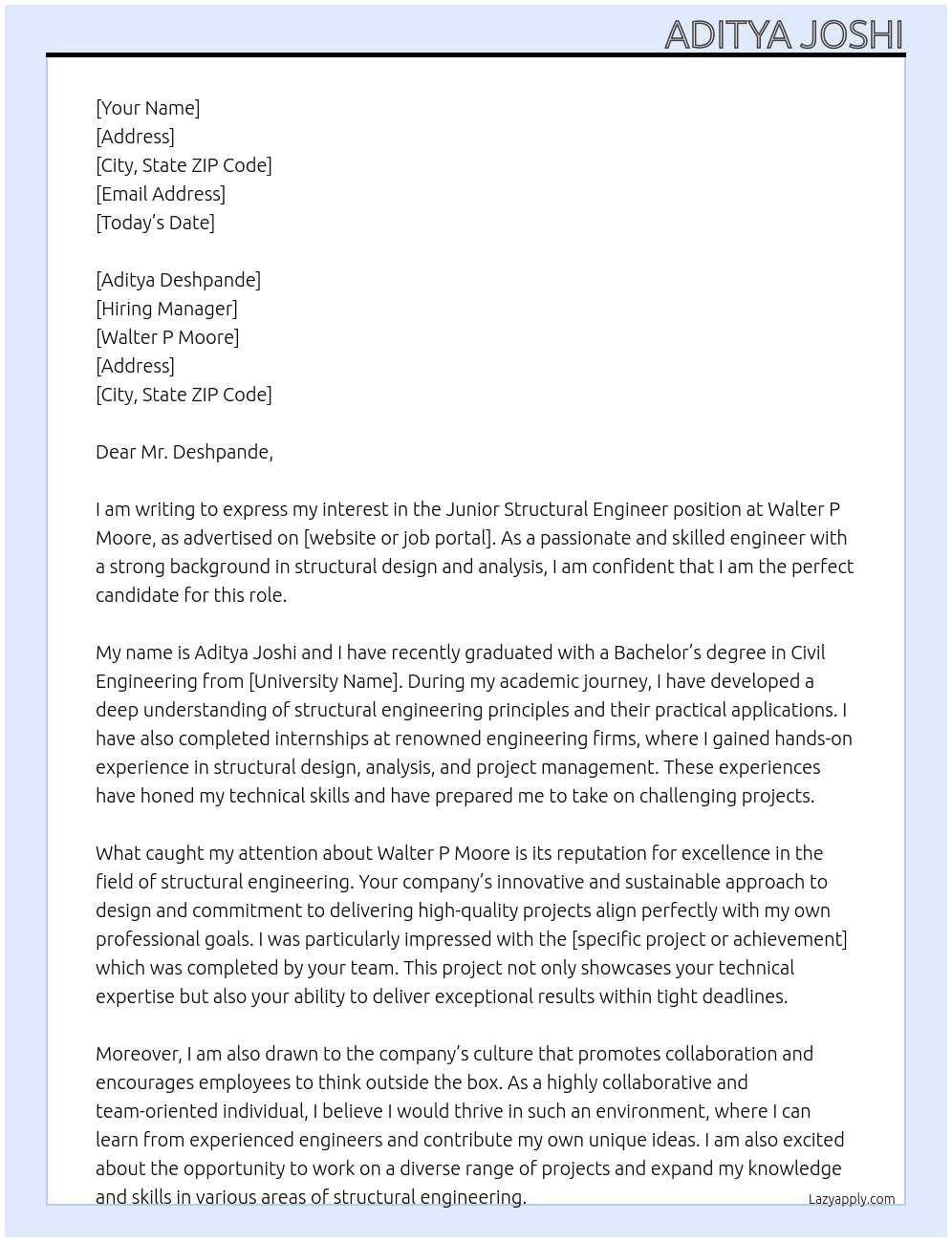 Junior Structural Engineer At Walter P Moore Cover Letter