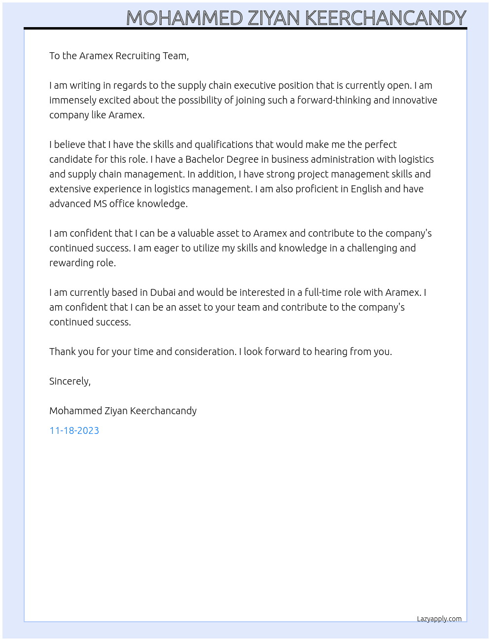 Supply chain executive At Aramex Cover Letter