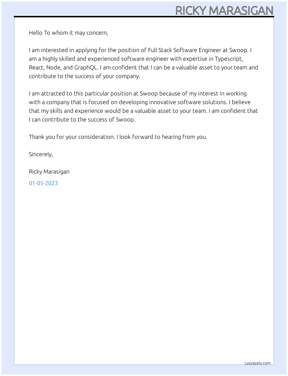 Full Stack Software Engineer At Swoop Cover Letter