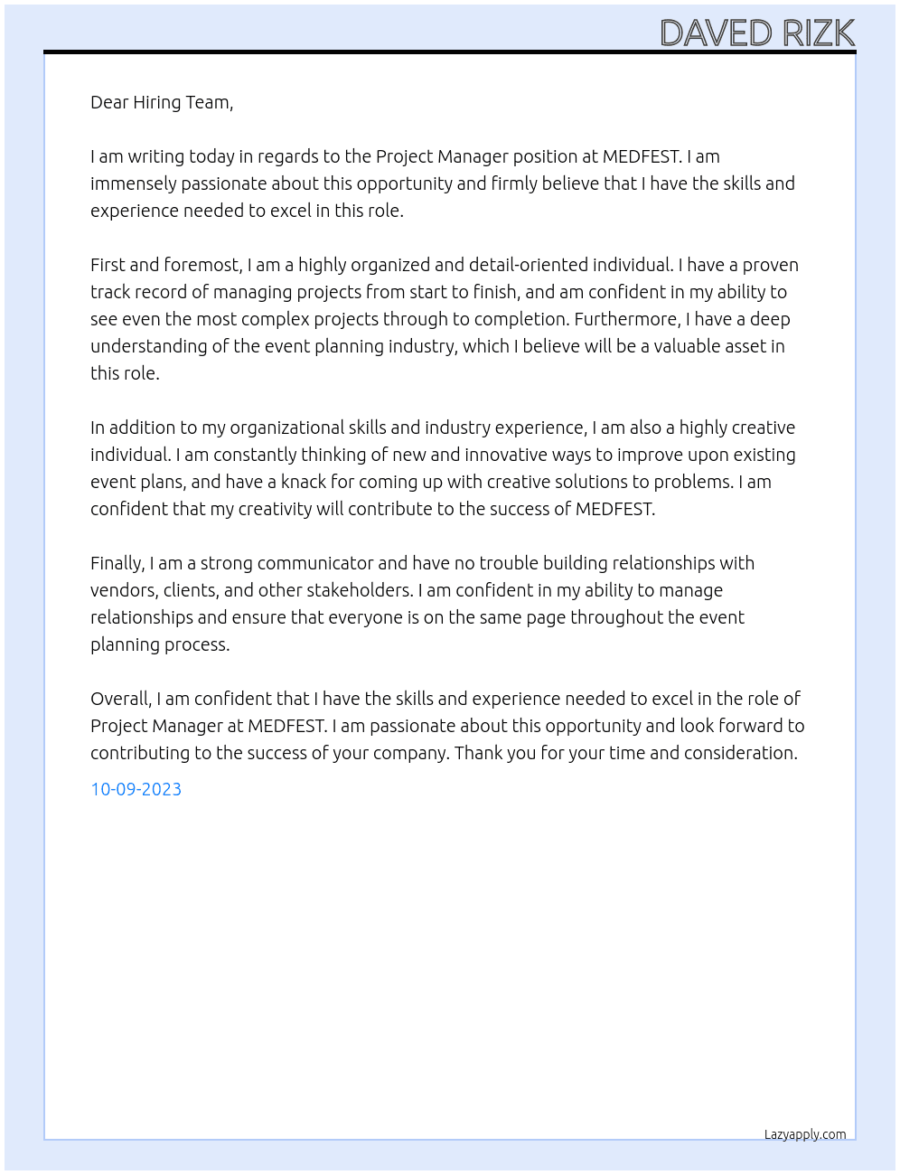 Project Manager At MEDFEST Cover Letter