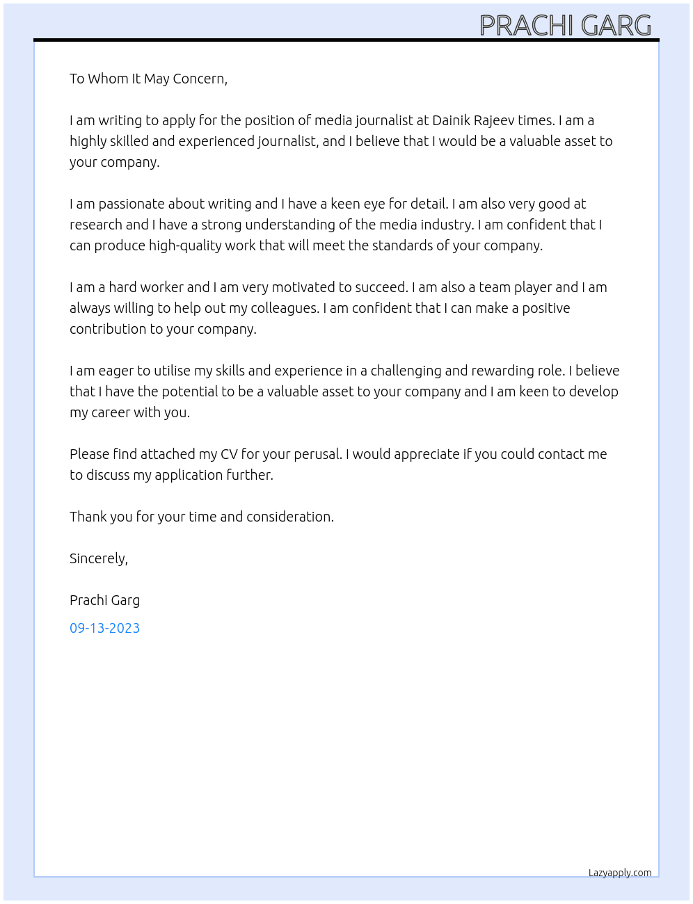 Media journalist At Dainik Rajeev times Cover Letter