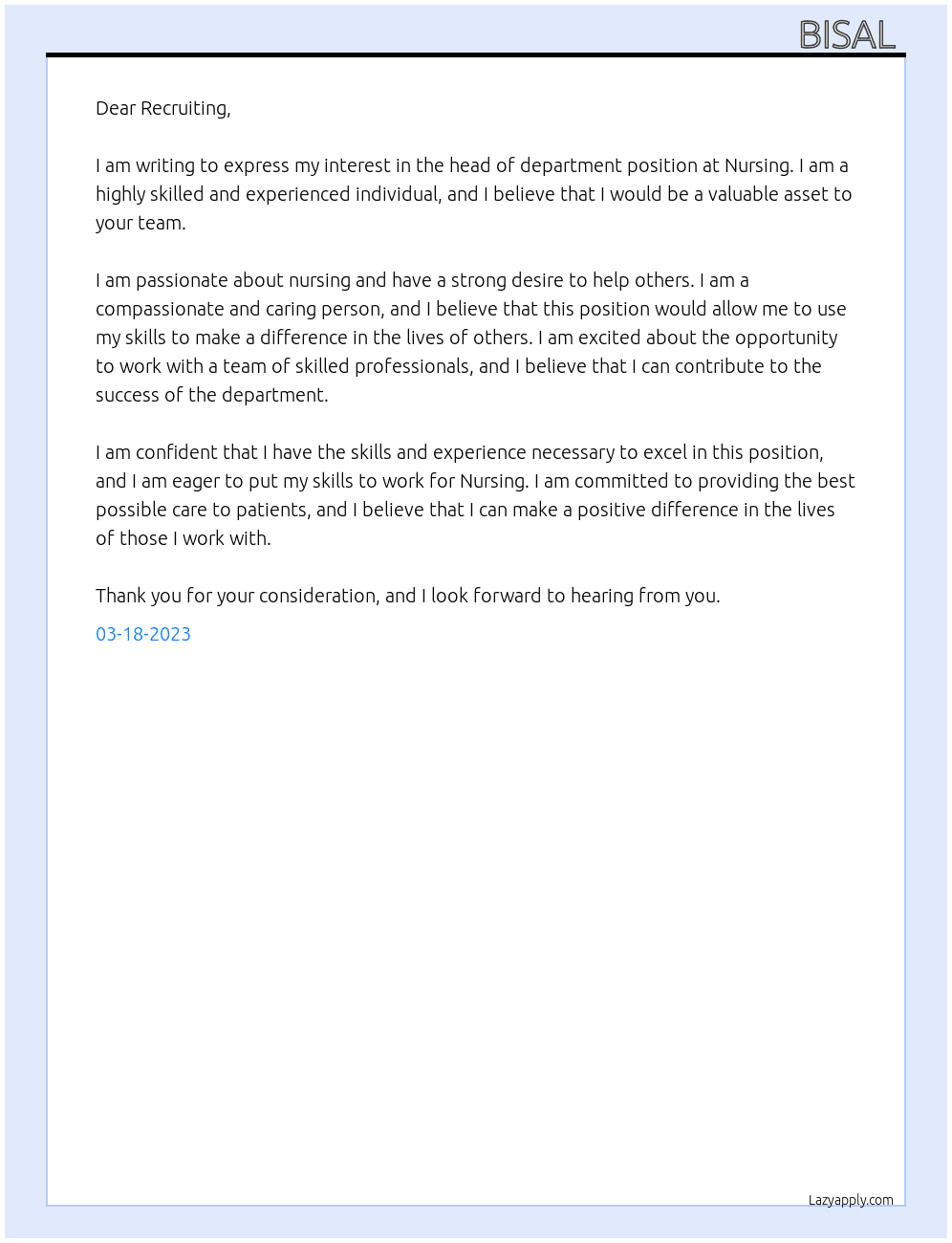 head of department  At Nursing  Cover Letter