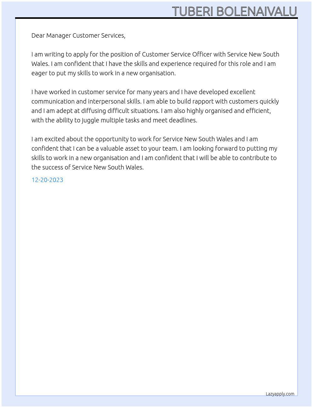 Customer Service Officer At Service New South Wales Cover Letter