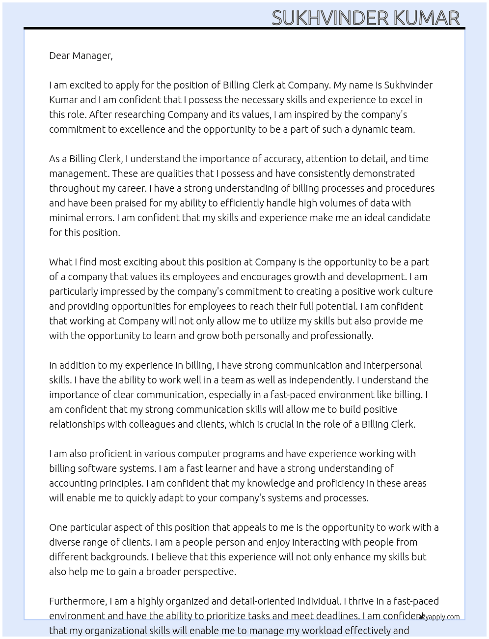 Billing clerk  At Company  Cover Letter