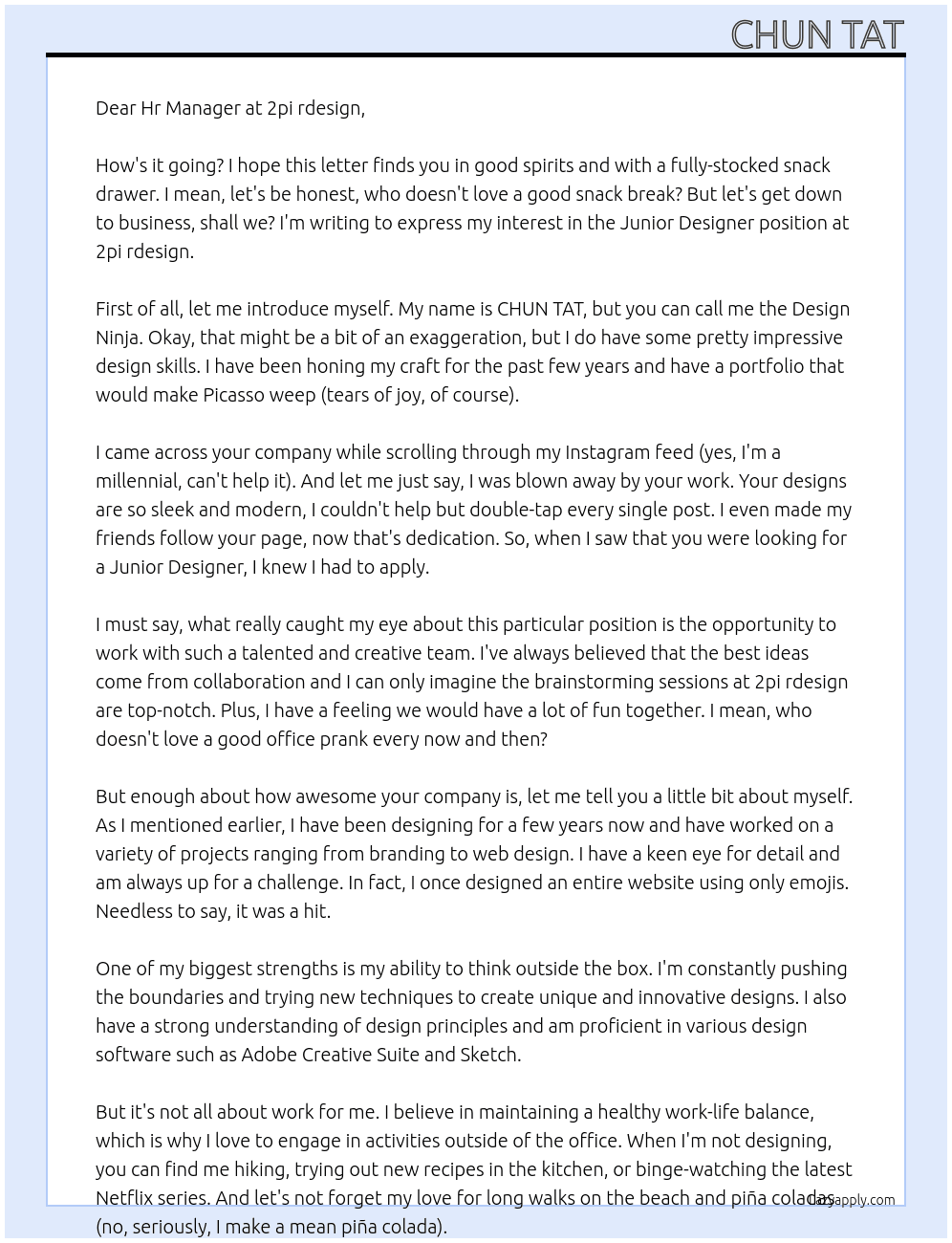 Junior Designer At 2pi rdesign Cover Letter