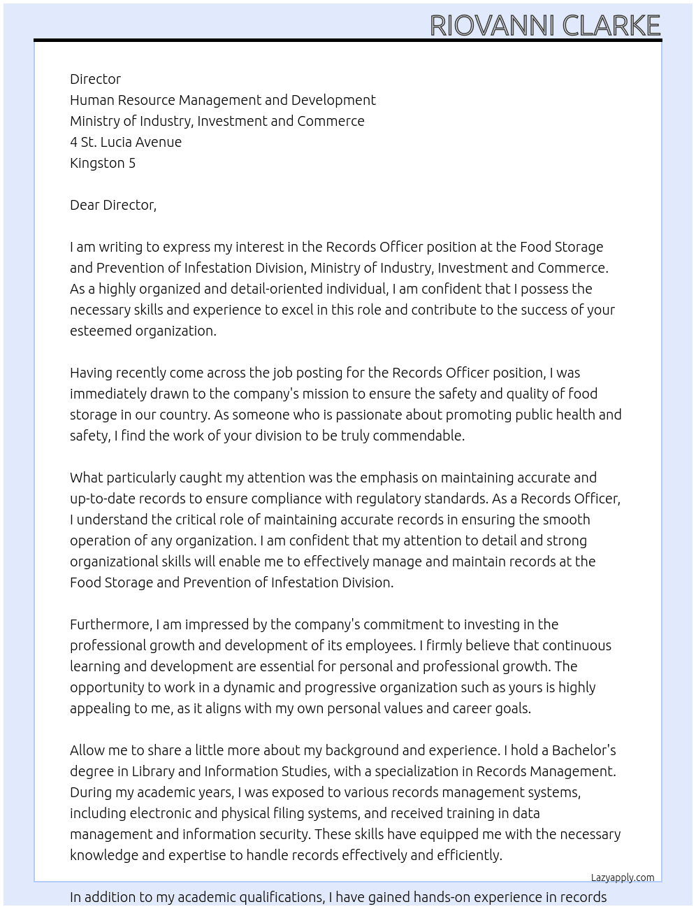 Records Officer At Food Storage and Prevention of Infestation Division, Ministry of Industry, Investment and Commerce Cover Letter