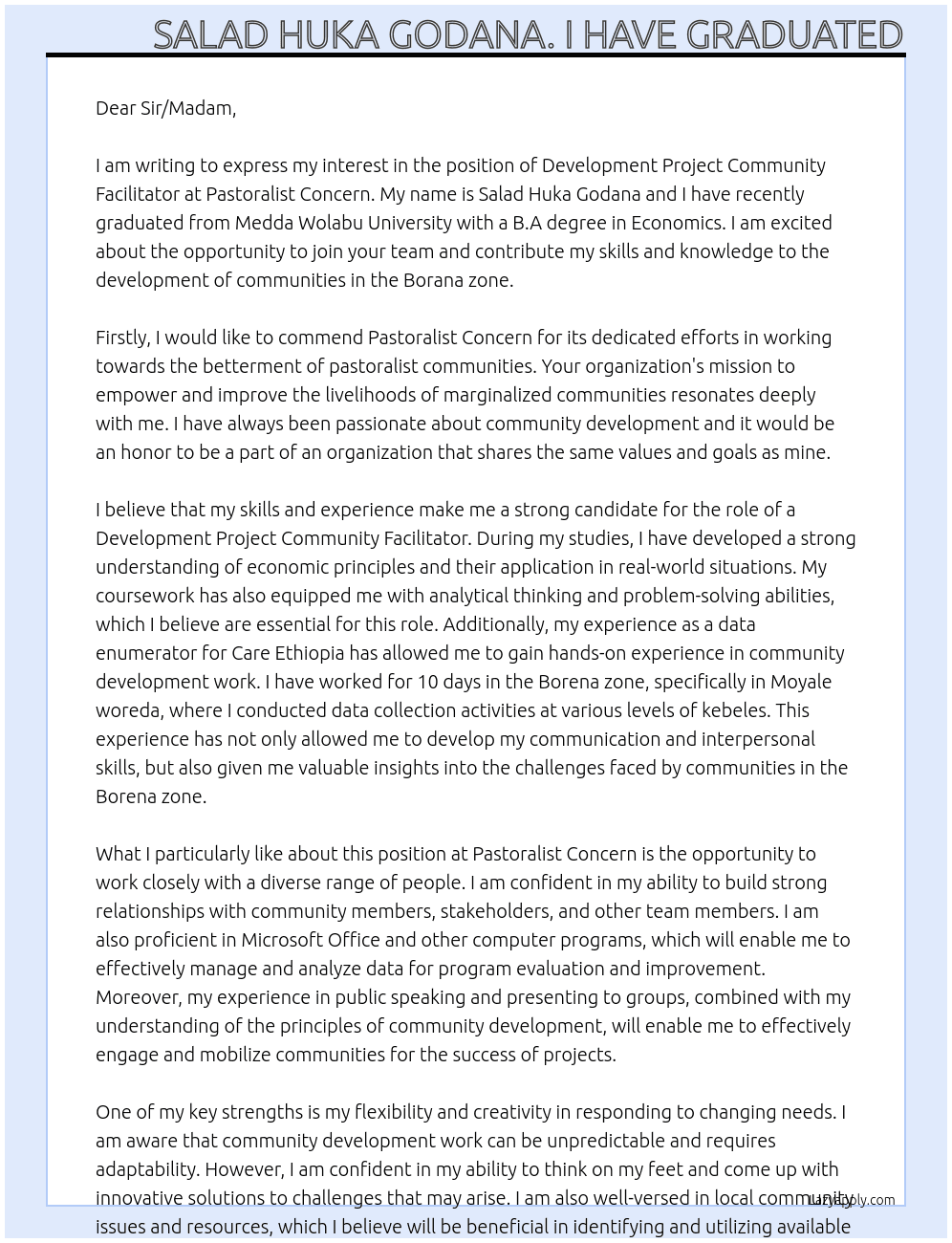 Development Project Community Facilitator  At Pastoralist Concern  Cover Letter