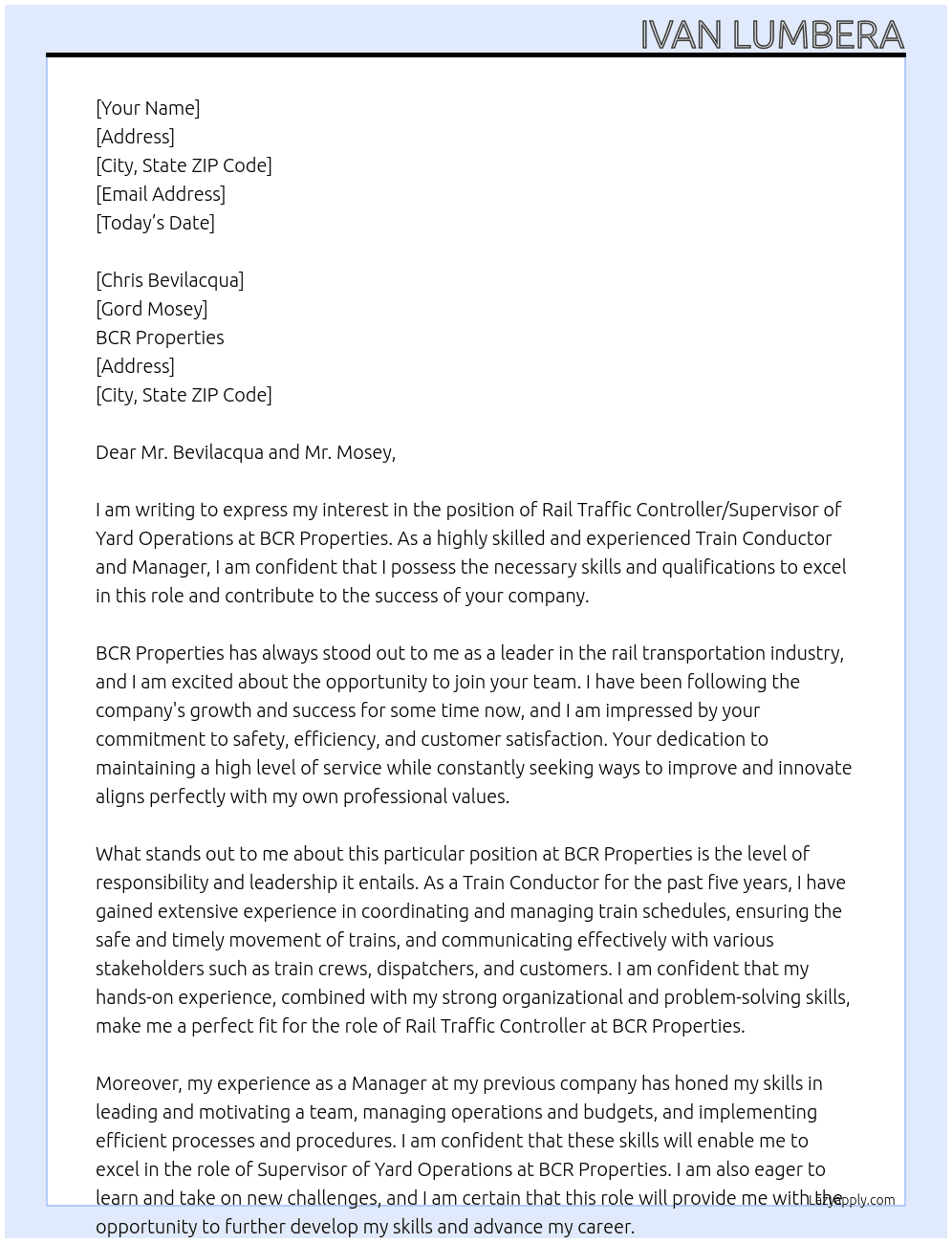 Rail Traffic Controller/Supervisor of Yard Operations At BCR Properties Cover Letter