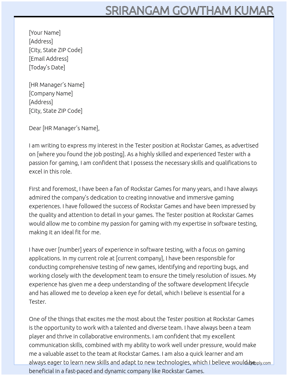 Tester At Rockstar Games Cover Letter