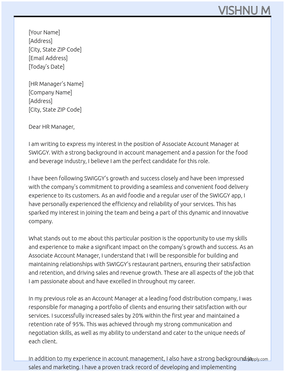 Associate Account Manager   At SWIGGY Cover Letter