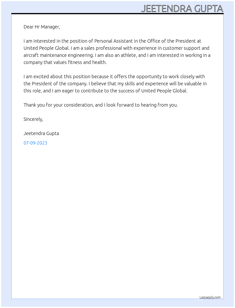 Personnal Assistant, Office Of The President At United People Global Cover Letter