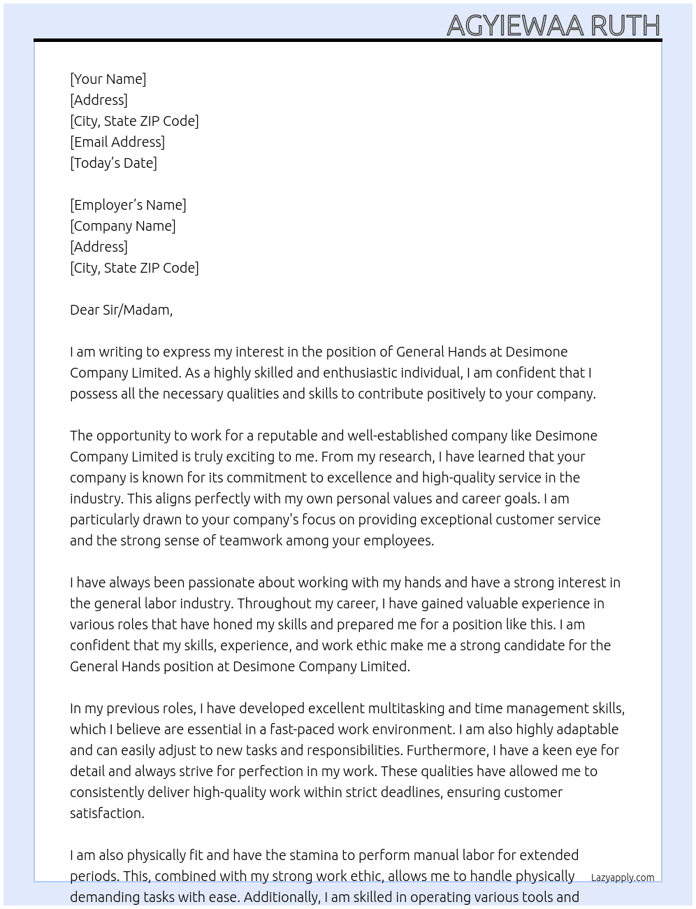 General hands  At Desimone Company Limited  Cover Letter