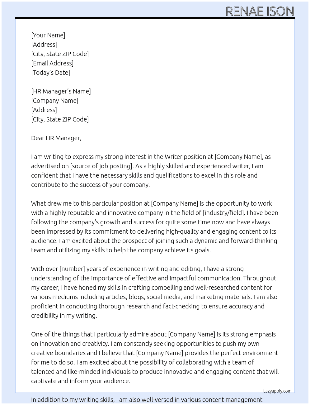 Writer At company Cover Letter