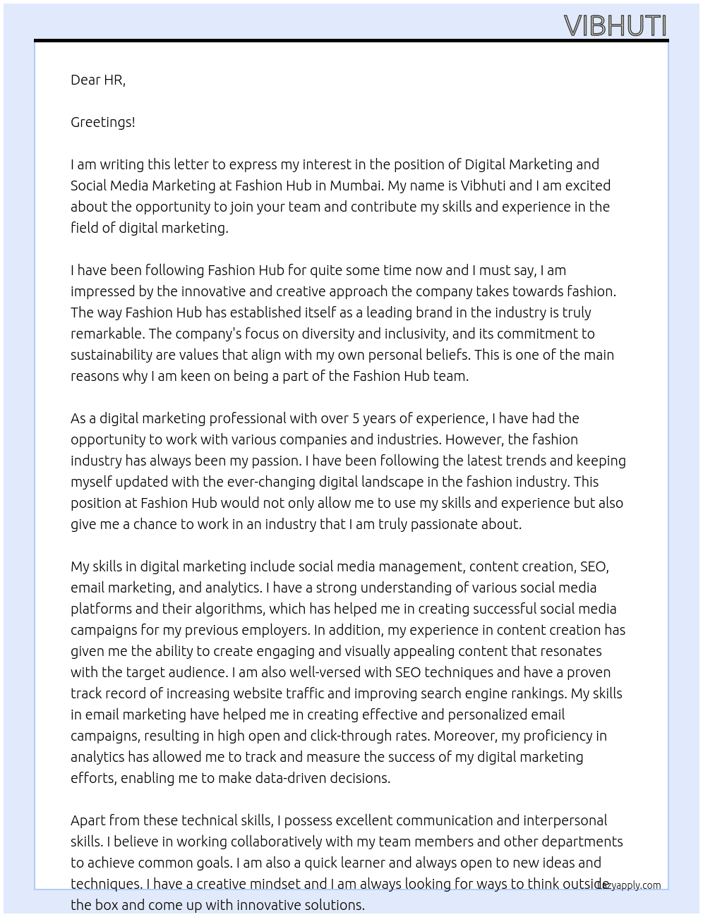 Digital marketing and social media marketing  At Fashion Hub Cover Letter