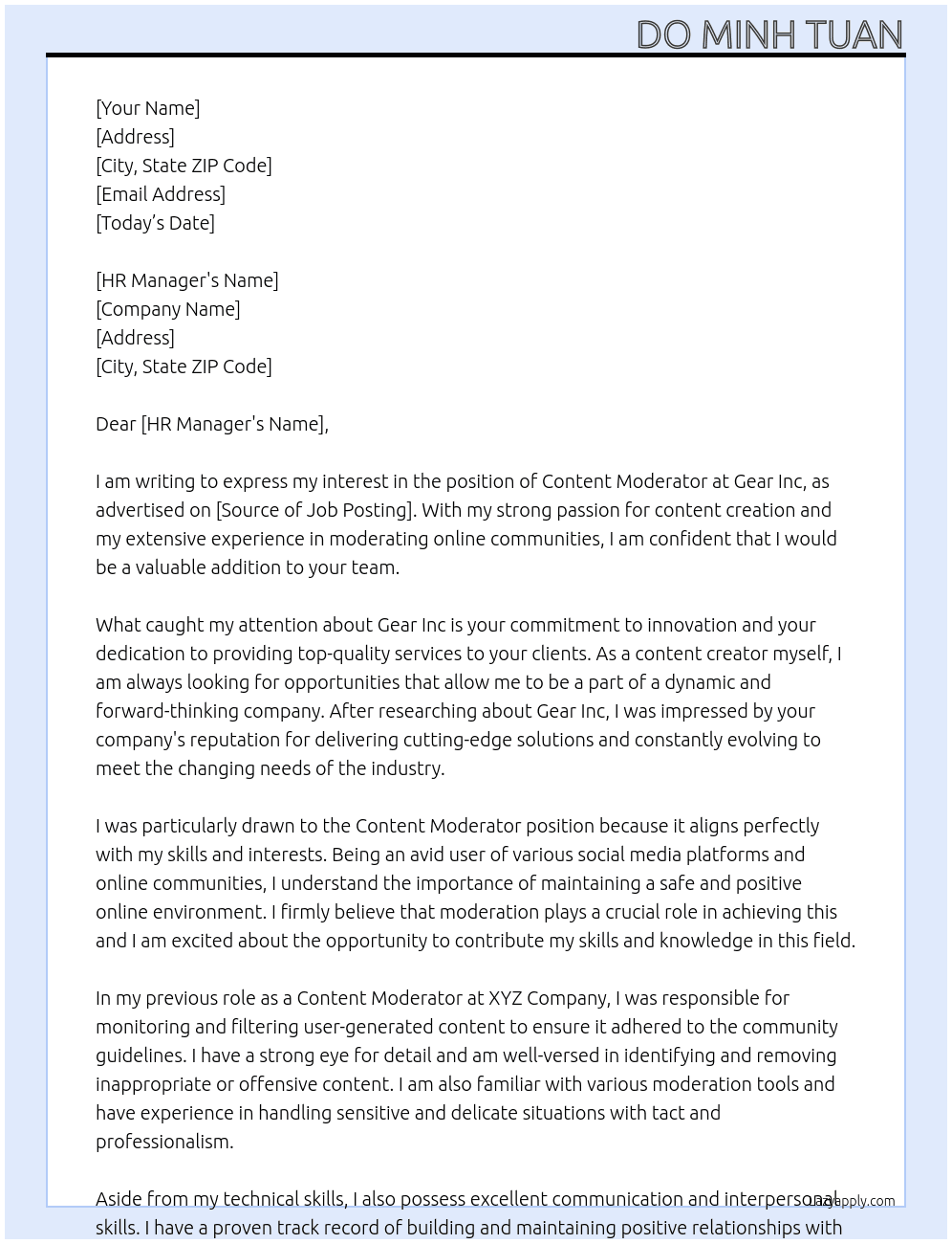 content morderator  At gear inc Cover Letter