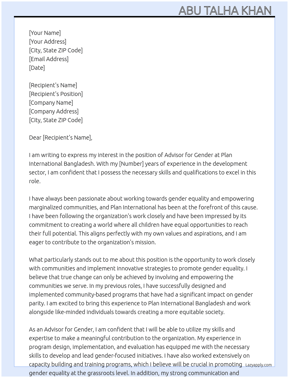 advisor, gender  At plan International Bangladesh  Cover Letter