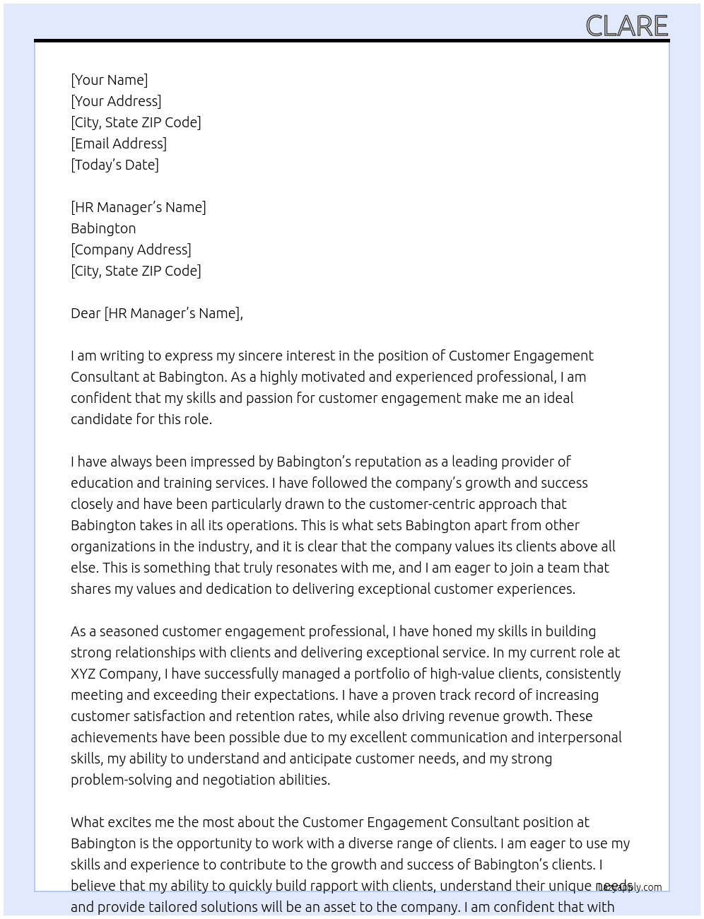 Customer Engagement Consultant At Babington Cover Letter