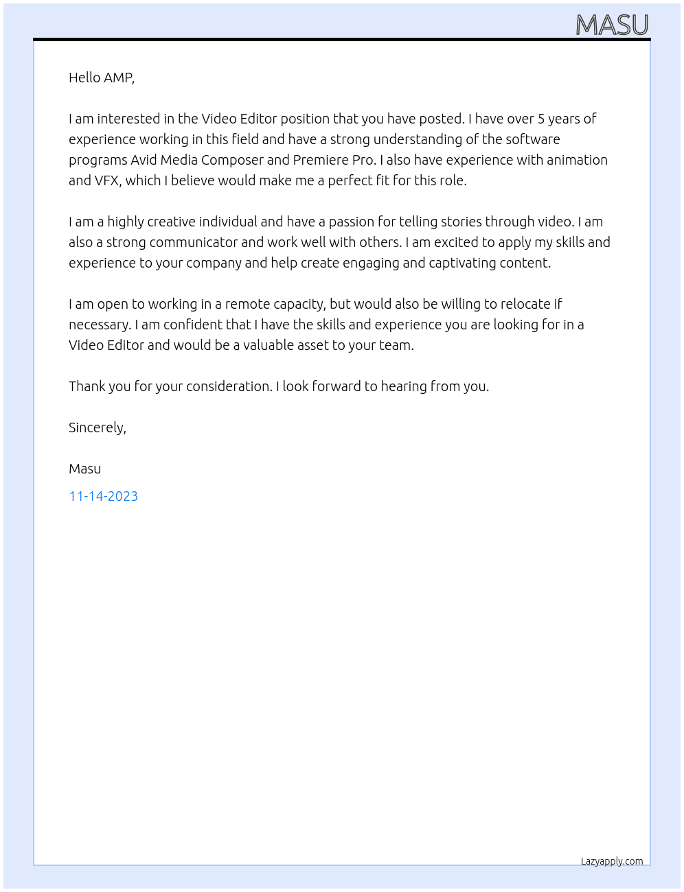 Video Editor At AMP Cover Letter