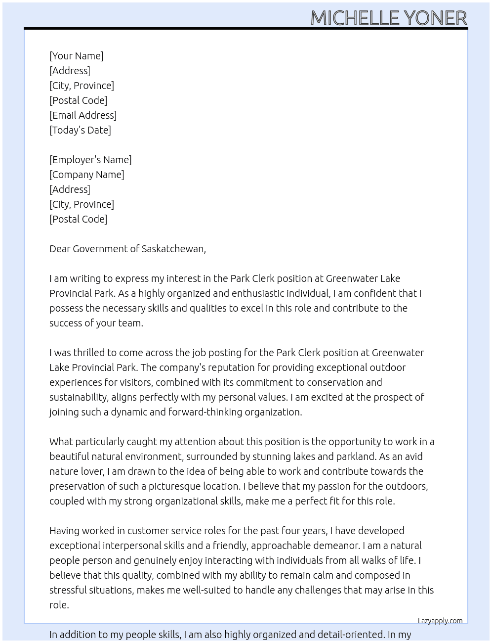 Park clerk At Greenwater Lake Provincial Park Cover Letter