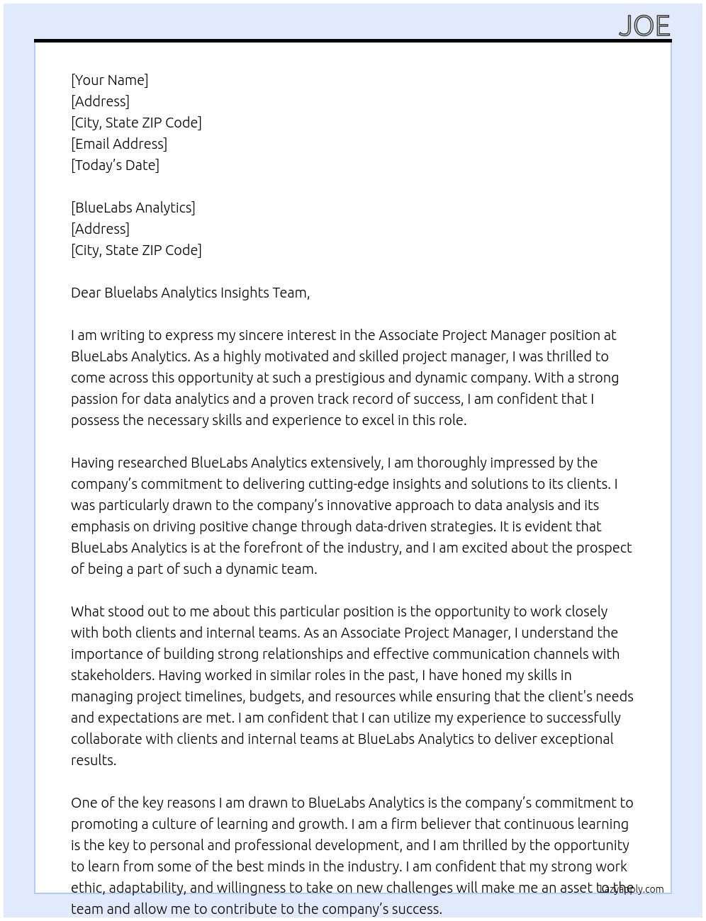 Associate Project Manager At BlueLabs Analytics Cover Letter