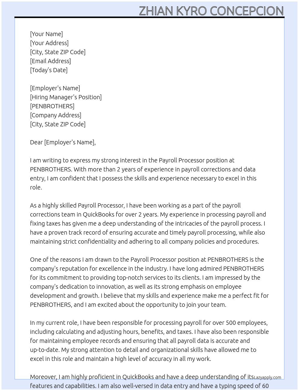 Payroll processor At PENBROTHERS Cover Letter